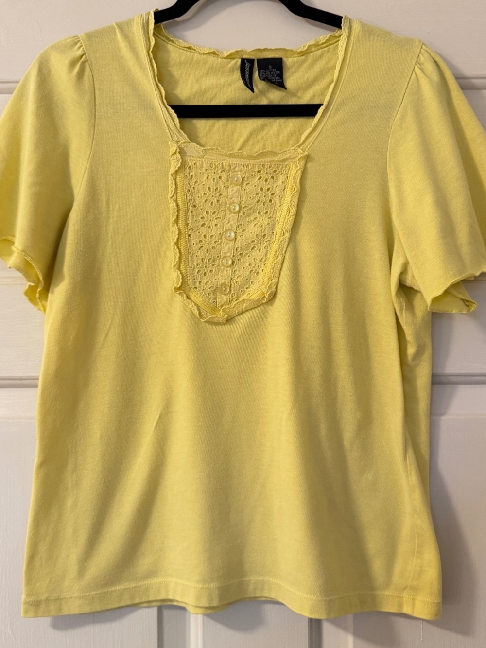 Jason Maxwell Women's Top Small Yellow Eyelet Lace Bib Scoop Neck Flutter Sleeve